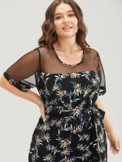 Floral Mesh Patchwork Crew Neck Pocket Belted Jumpsuit -Bloomchic Shop 32963433 ll