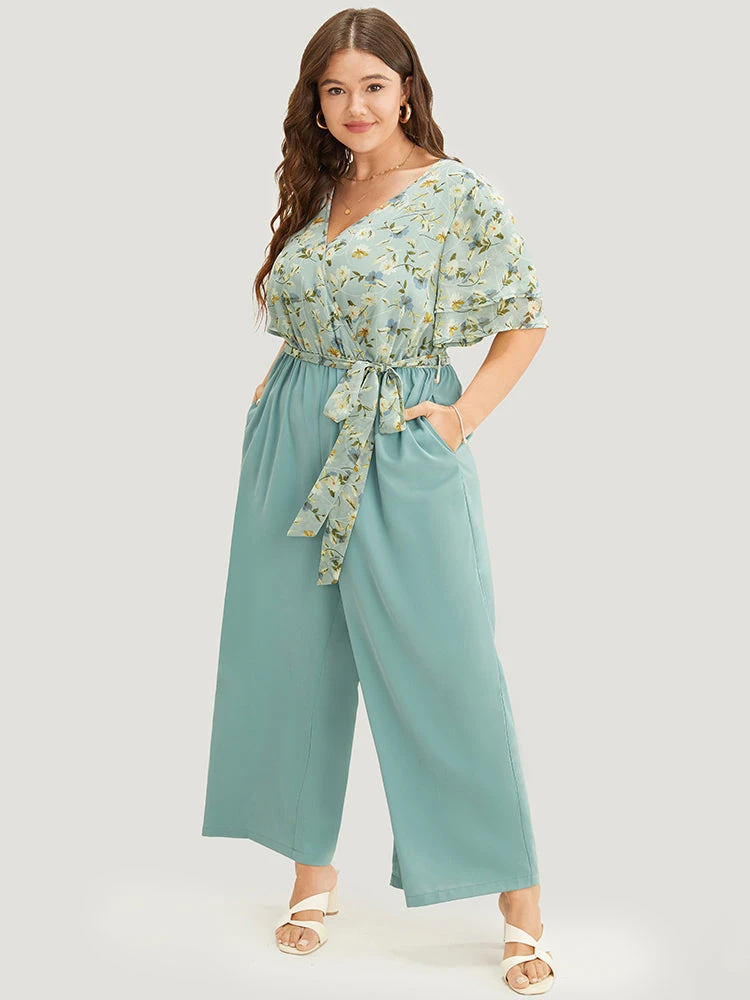 Floral Tiered Sleeve Belt Ruffle Pocket Wrap Jumpsuit 5 Floral Tiered Sleeve Belt Ruffle Pocket Wrap Jumpsuit - Image 3