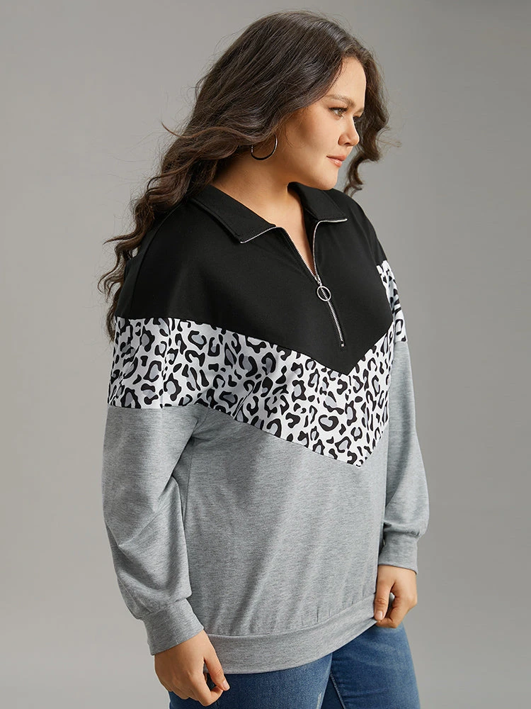 Leopard Contrast Patchwork Half Zip Sweatshirt 4 Leopard Contrast Patchwork Half Zip Sweatshirt - Image 2