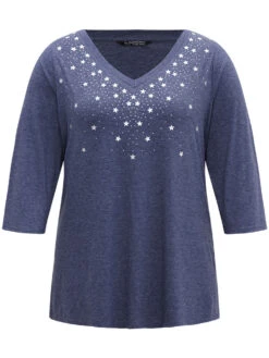 Star Print V Neck T-shirt 15 Star Print V Neck T-shirt -Bloomchic Shop 33047678 wu