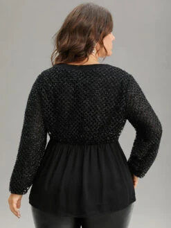 Glitter Mesh Patchwork Lantern Sleeve Blouse -Bloomchic Shop 33079057 jk