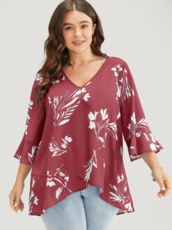 Floral Asymmetrical Hem Ruffle Trim Flounce Sleeve Blouse -Bloomchic Shop 331233000 no 8f636c9d 9752 4d33 8a1f 415d487b4bff