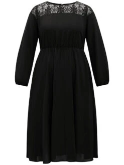 Lace Panel Patchwork Lantern Sleeve Dress -Bloomchic Shop 331611165 bw