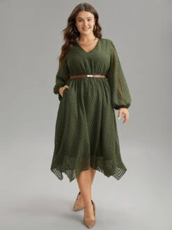 Plain Textured V Neck Hanky Hem Dress 20 Plain Textured V Neck Hanky Hem Dress -Bloomchic Shop 332079937 tw