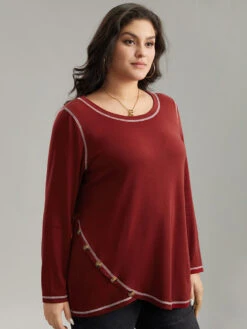 Contrast Trim Stitch Button Detail T-shirt -Bloomchic Shop 332913964 du