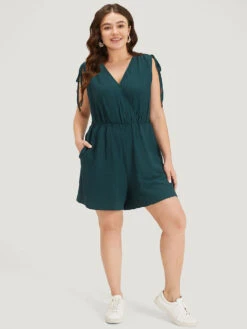 Plain Pocket Drawstring Surplice Neck Tank Jumpsuit -Bloomchic Shop 334195533 qh