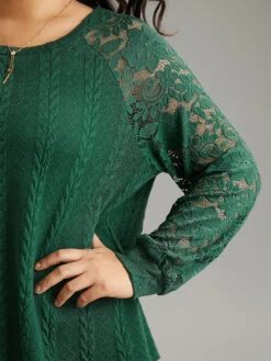 Guipure Lace Cable Knit Raglan Sleeve Sweatshirt -Bloomchic Shop 334936460 li