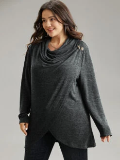 Plain Heather Cowl Neck Button Detail Sweatshirt -Bloomchic Shop 336051613 ms