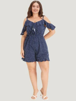 Polka Dot Ruffle Trim Tie Neck Cut Out Elastic Waist Jumpsuit -Bloomchic Shop 336426046 mf