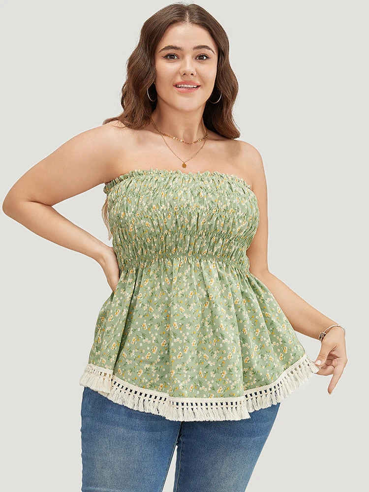Ditsy Floral Frill Trim Tassels Hem Shirred Off Shoulder Blouse 5 Ditsy Floral Frill Trim Tassels Hem Shirred Off Shoulder Blouse - Image 3