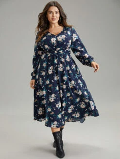 Floral Print Twist Front Pocket Midi Dress