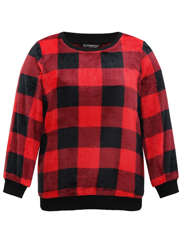 Plaid Print Round Neck Fluffy Sweatshirt 9 Plaid Print Round Neck Fluffy Sweatshirt - Image 7