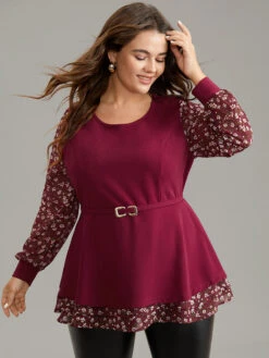 Ditsy Floral Patchwork Layered Metal Buckle Detail Blouse