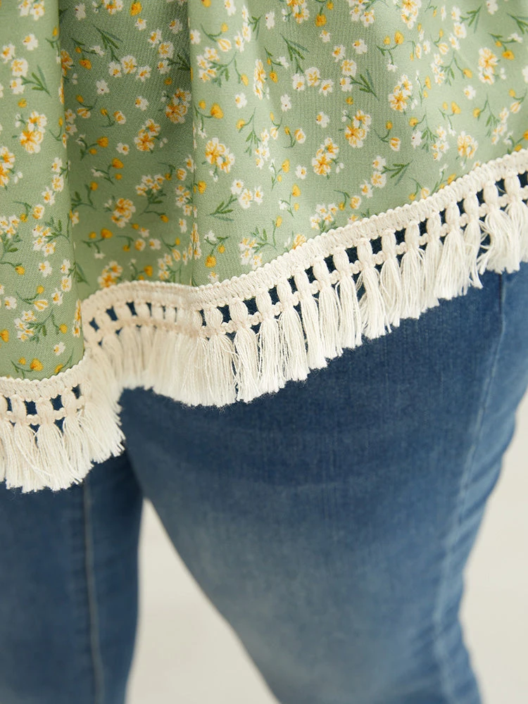 Ditsy Floral Frill Trim Tassels Hem Shirred Off Shoulder Blouse 11 Ditsy Floral Frill Trim Tassels Hem Shirred Off Shoulder Blouse - Image 9