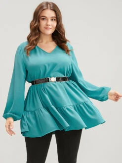 Solid V Neck Lantern Sleeve Ruffle Hem Blouse Without Belt 14 Solid V Neck Lantern Sleeve Ruffle Hem Blouse Without Belt -Bloomchic Shop 343198356 pd