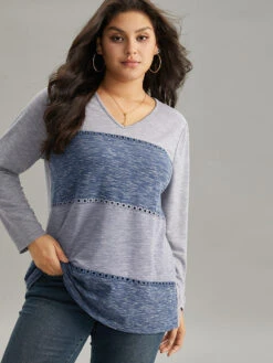 Contrast Heather Patchwork Hollow Out Thick T-shirt