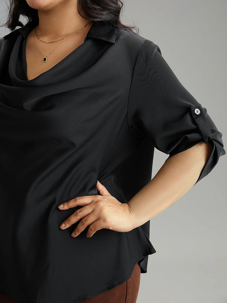 Anti-Wrinkle Solid Cowl Neck Tab Sleeve Blouse 6 Anti-Wrinkle Solid Cowl Neck Tab Sleeve Blouse - Image 4