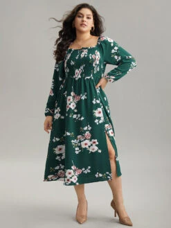 Floral Print Split Hem Pocket Shirred Dress -Bloomchic Shop 345947226 hz