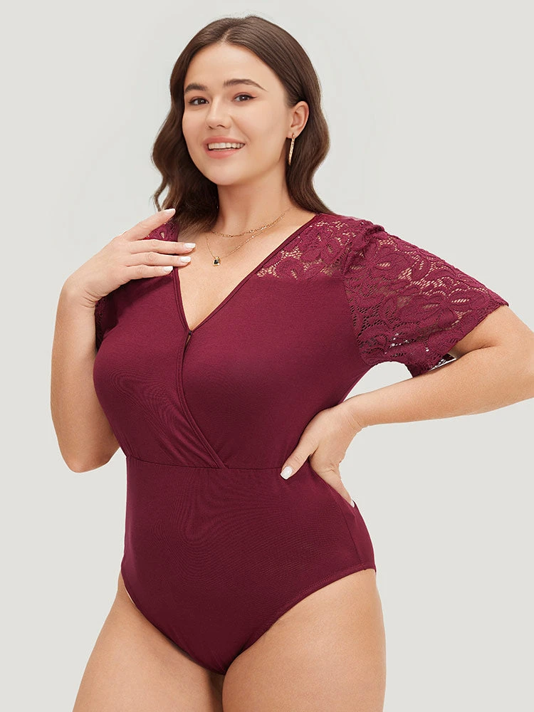 Plain Crochet Lace Mesh Surplice Neck Bodysuit 5 Plain Crochet Lace Mesh Surplice Neck Bodysuit - Image 3