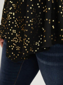 Star Print Lantern Sleeve Asymmetrical Ruffles Hem Wrap Blouse -Bloomchic Shop 348230464 mm