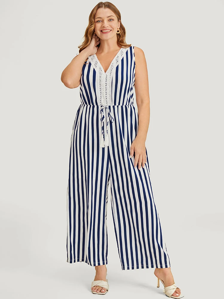 Striped Print Contrast Lace Pocket Knot Tassels Tank Jumpsuit 6 Striped Print Contrast Lace Pocket Knot Tassels Tank Jumpsuit - Image 4