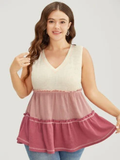 Colorblock Contrast Frill Trim Ruffle Tiered Waffle Knit Tank Top