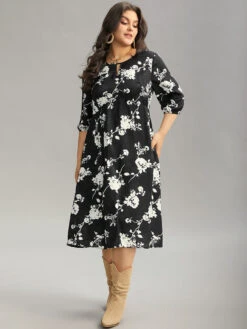 Silhouette Floral Print Texture Keyhole Lantern Sleeve Dress -Bloomchic Shop 351374424 bs