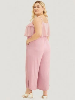 Solid Ruffle Trim Pocket Split Hem Keyhole Cami Jumpsuit -Bloomchic Shop 35228993 yp