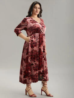 Floral Velvet Elastic Waist Wrap Ruffle Hem Dress -Bloomchic Shop 352960938 sk