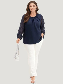 Anti-Wrinkle Patchwork Mesh Pleated Blouse -Bloomchic Shop 354027524 nu