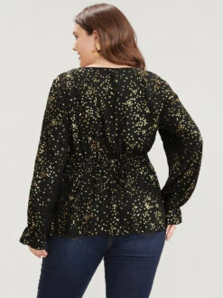 Star Print Lantern Sleeve Asymmetrical Ruffles Hem Wrap Blouse -Bloomchic Shop 354305263 ap