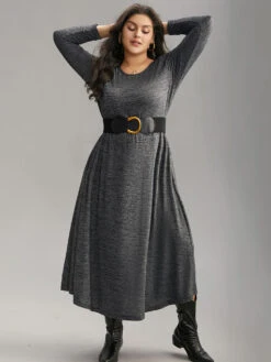 Plain Heather Metal Buckle Detail Dress With Belt -Bloomchic Shop 354363551 nx
