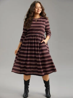 Striped Print Round Neck Pocket Elastic Waist Dress -Bloomchic Shop 355758926 up