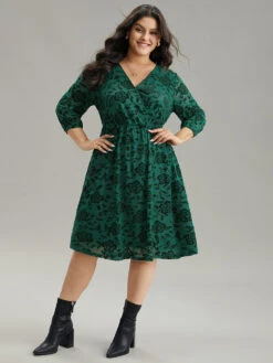 Silhouette Floral Print Surplice Neck Gathered Dress -Bloomchic Shop 355898296 xj