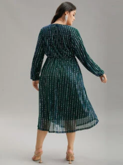 Sequin Mesh V Neck Elastic Waist Dress -Bloomchic Shop 356956733 nx