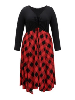 Plaid Ruched Drawstring Asymmetrical Hem Dress -Bloomchic Shop 358448335 uv
