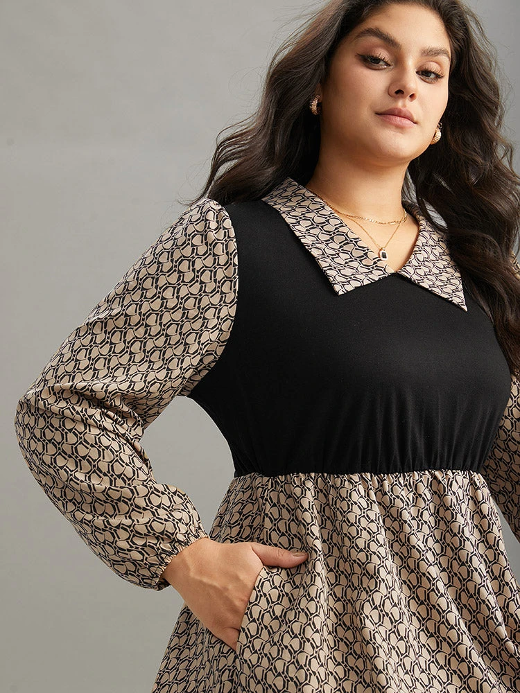 Geometric Patchwork Lapel Collar Lantern Sleeve Dress 6 Geometric Patchwork Lapel Collar Lantern Sleeve Dress - Image 4