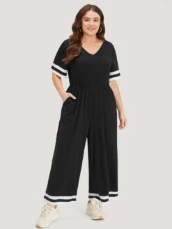 Striped Contrast V Neck Pocket Elastic Waist Jumpsuit 14 Striped Contrast V Neck Pocket Elastic Waist Jumpsuit -Bloomchic Shop 359119926 yi