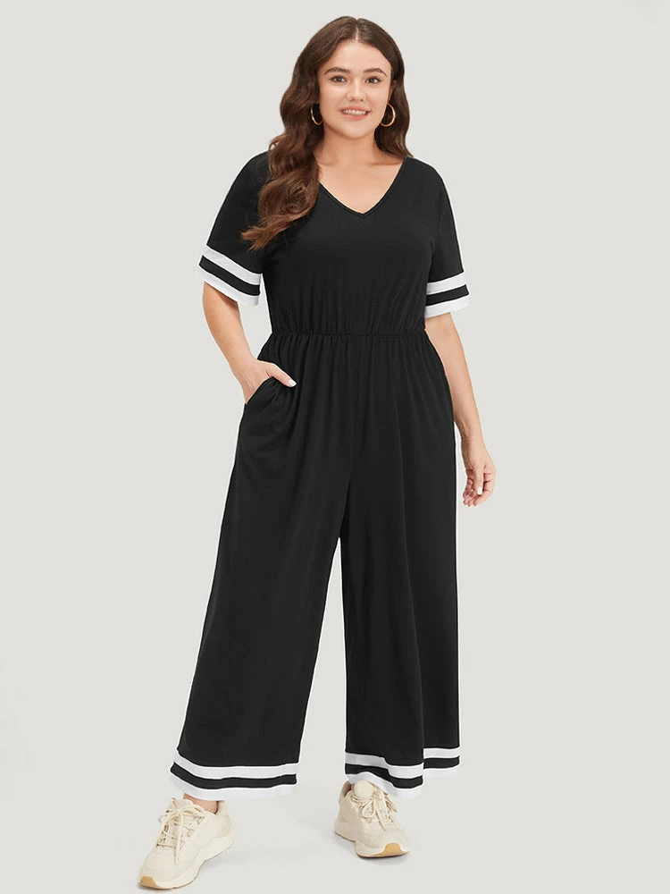 Striped Contrast V Neck Pocket Elastic Waist Jumpsuit 5 Striped Contrast V Neck Pocket Elastic Waist Jumpsuit - Image 3