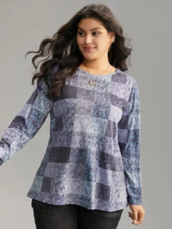 Colorblock Contrast Plaid Round Neck T-shirt -Bloomchic Shop 35918923 lj