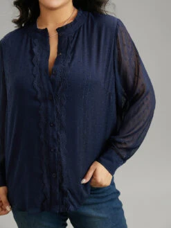 Guipure Lace Mesh Button Through Blouse -Bloomchic Shop 360972385 uy