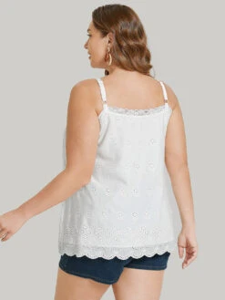 Plain Lace Trim Broderie Anglaise Button Detail Cami Top -Bloomchic Shop 361010470 bl
