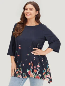 Floral Print Crew Neck Asymmetrical Hem T-shirt -Bloomchic Shop 361072382 aj