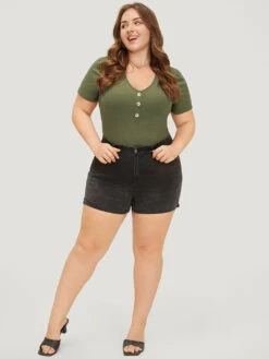 Solid Rib Knit Button Detail Bodysuit -Bloomchic Shop 361248168 bf