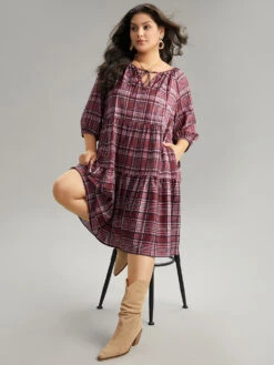 Plaid Tie Neck Ruffle Layered Hem Dress -Bloomchic Shop 361701374 ui