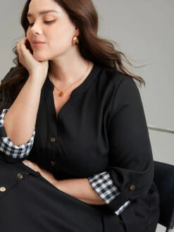 Gingham Notched Belted Curved Hem Tab Sleeve Dress -Bloomchic Shop 362278429 hs