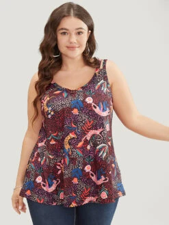 Cat & Plant Print Sleeveless Cut Out Cami Top -Bloomchic Shop 362807992 nn