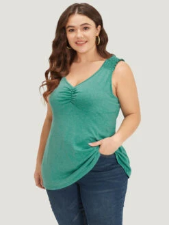Plain V Neck Ruched Shirred Tank Top -Bloomchic Shop 363064558 ls