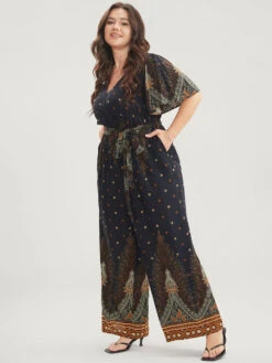 Bandana Print Ruffles Sleeve Belted Wrap Pocket Jumpsuit