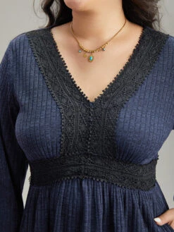 Rib Knit Lace Panel Contrast Pocket Dress -Bloomchic Shop 363358635 mu